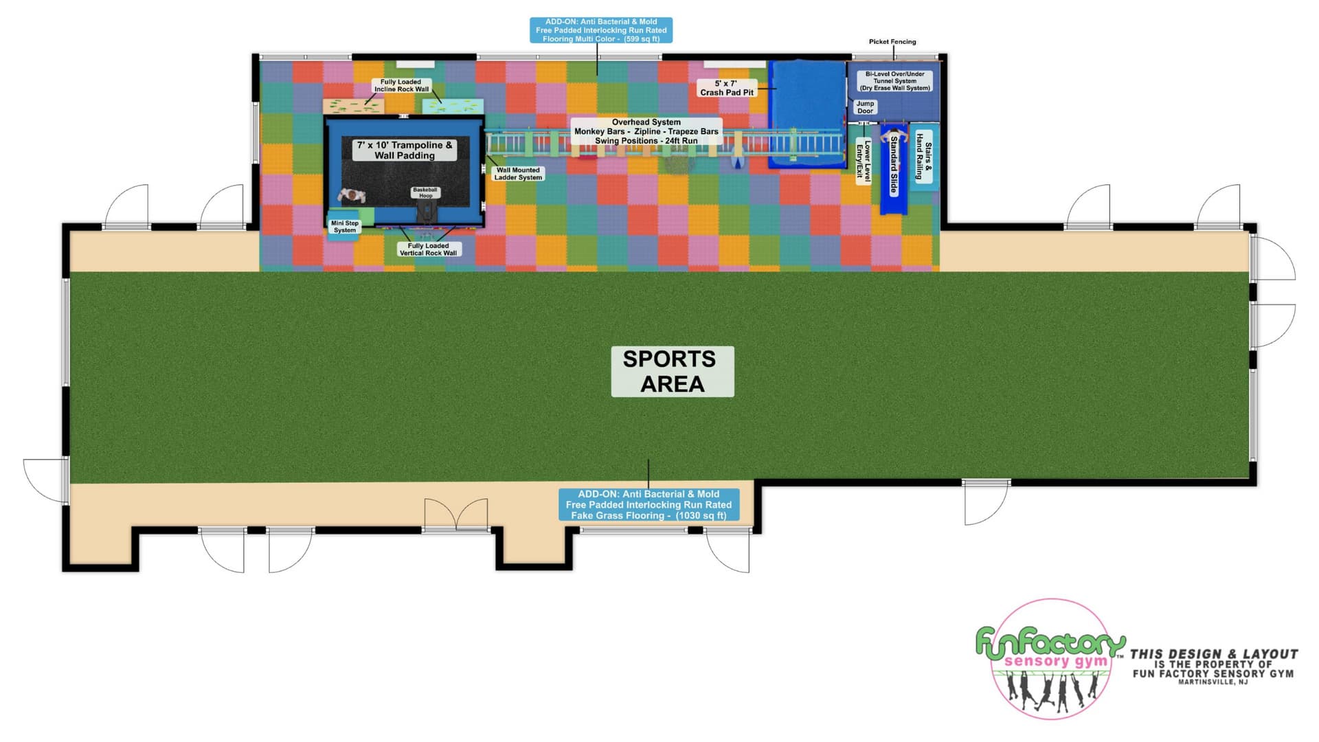 Sensory gym floor plan with play equipment, climbing walls, and sports area